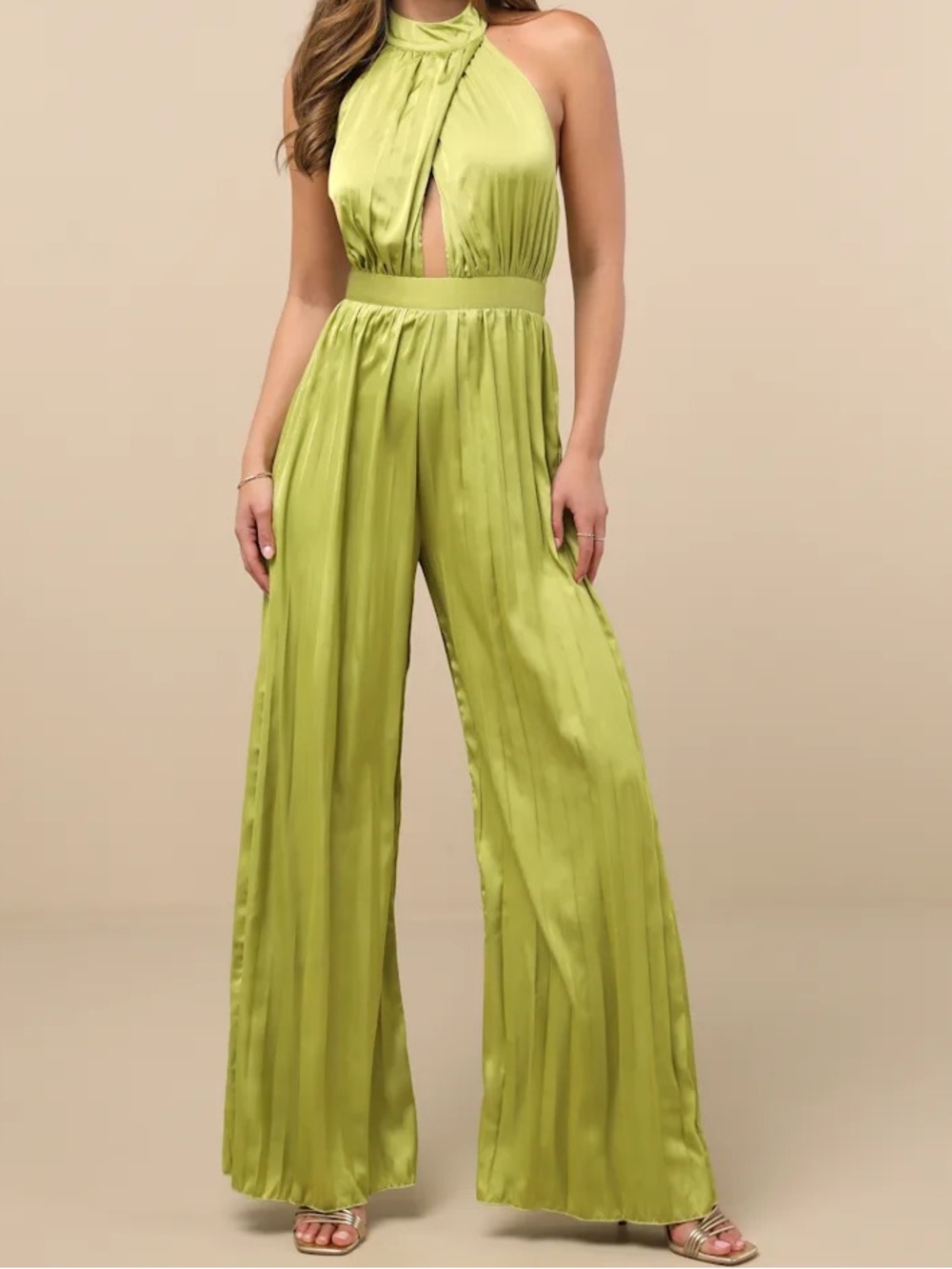 Lulu's Lime Halter Pleated Jumpsuit